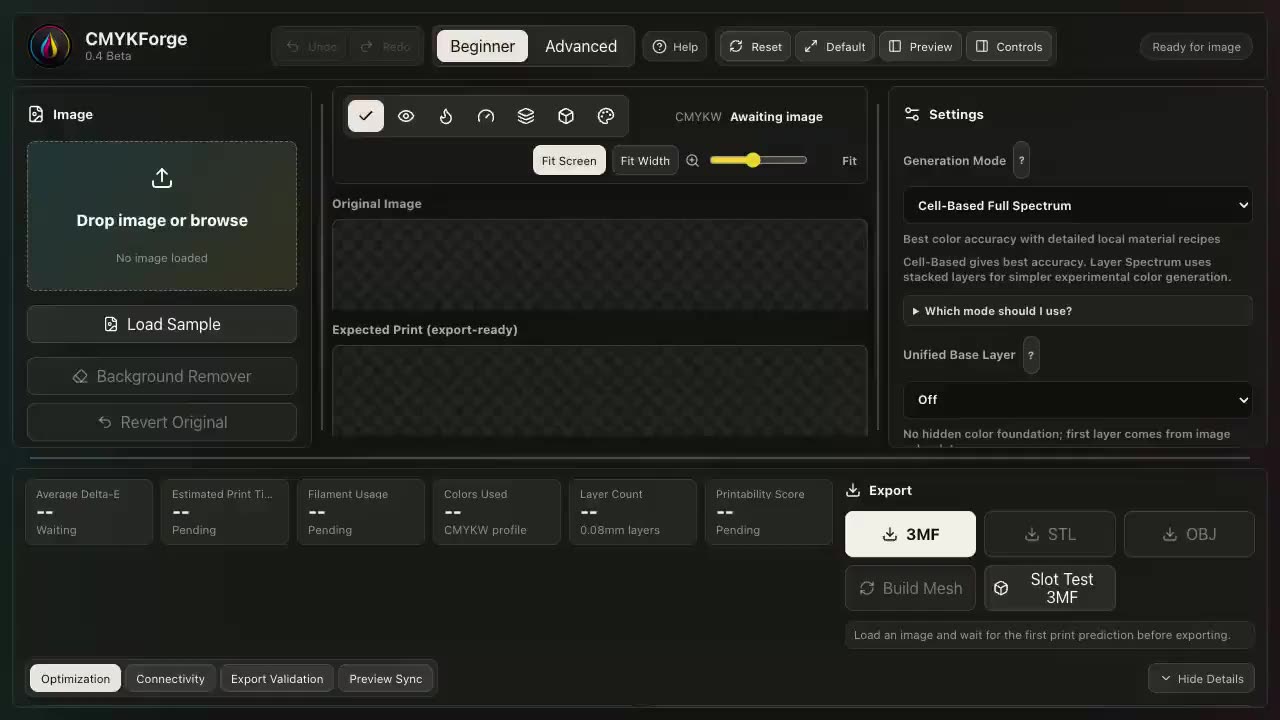 CMYKForge 0.4 development interface with image preparation and export controls